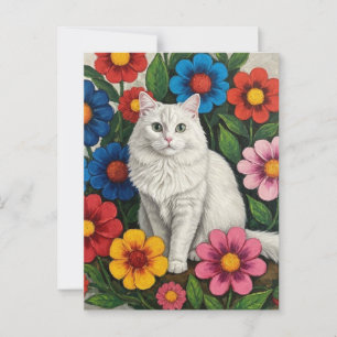 Fluffy White Cat and Folk Art Blume Postkarte