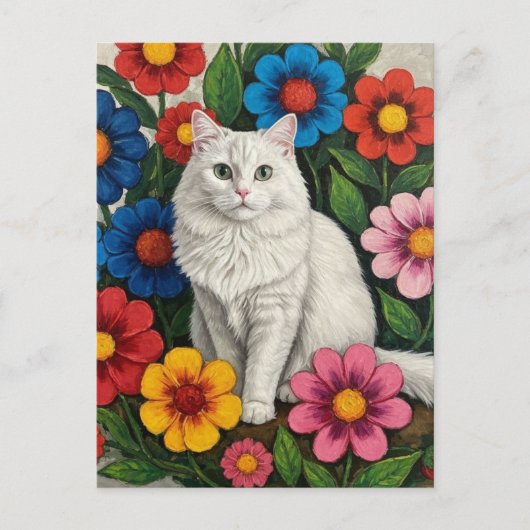Fluffy White Cat and Folk Art Blume Postkarte (Vorderseite)