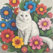 Fluffy White Cat and Folk Art Flowers Aufkleber (Vorderseite)
