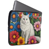 Fluffy White Cat and Folk Art Flowers Laptopschutzhülle (Vorne Rechts)