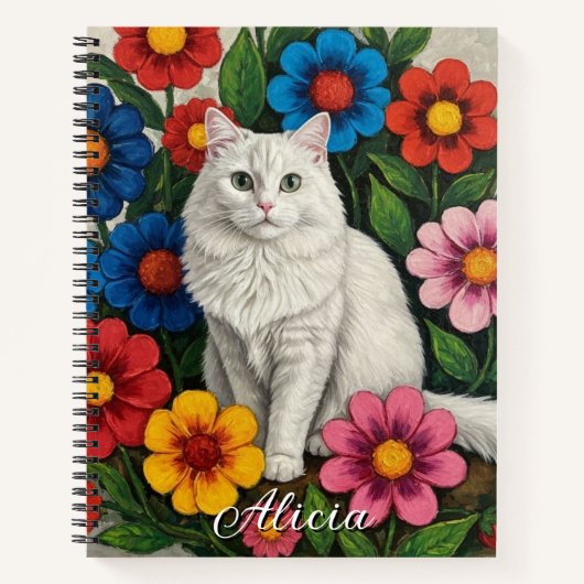 Fluffy White Cat and Folk Art Flowers Notizblock (Vorderseite)
