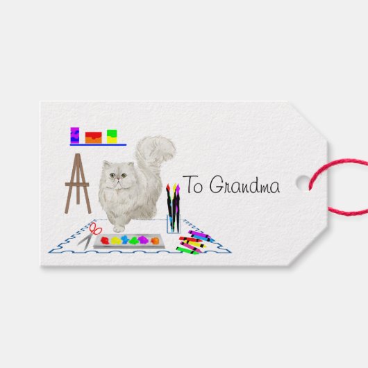Fluffy White Cat Artist Gift Tag Geschenkanhänger (Vorderseite (Horizontal))
