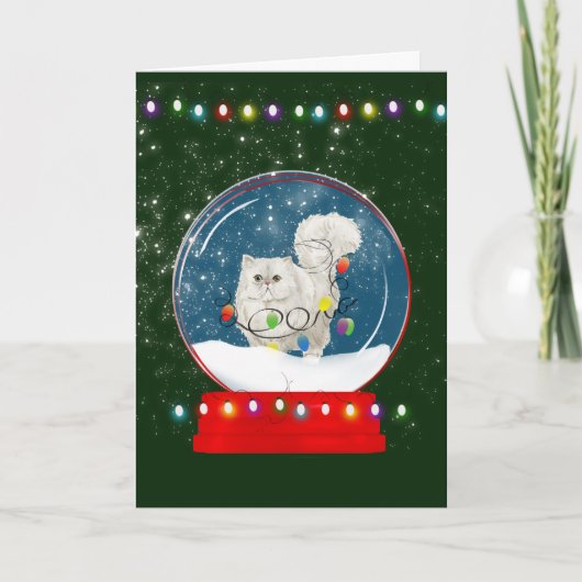 Fluffy White Cat Snow Globe Weihnachtskarte Karte (Vorderseite)