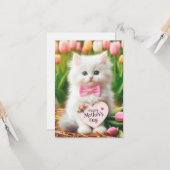 Fluffy White Kitten in Tulip Field Muttertag Karte (Vorderseite/Rückseite Beispiel)