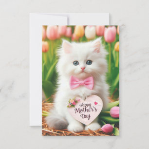 Fluffy White Kitten in Tulip Field Muttertag Karte
