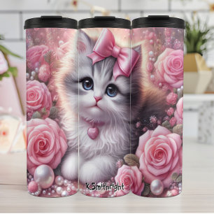 Fluffy White Kitten Pink Roses Thermosbecher