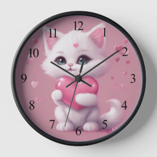 Fluffy White Liebe Kitten Uhr