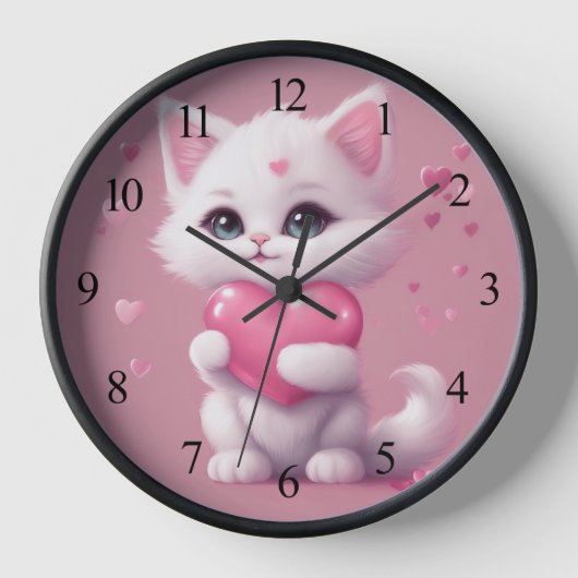 Fluffy White Liebe Kitten Uhr (Vorderseite)