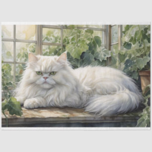 Fluffy White Persian Cat in a Garden Decoupage Seidenpapier