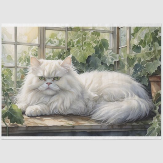 Fluffy White Persian Cat in a Garden Decoupage Seidenpapier (Vorderseite)