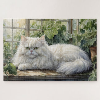 Fluffy White Persian Cat in a Garden Puzzle