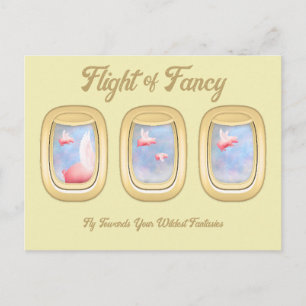 Flug der Fantasie-Schweine, die am Flugzeugfenster Postkarte