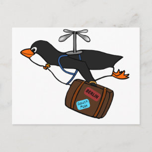 Flug Hubschrauber Pinguin mit Koffer Postkarte