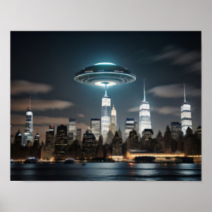 Flug Saucer über Stadt Poster