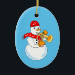 Flugelhorn Snowman Keramik Ornament<br><div class="desc">Ein Snowman Flögelhorn-Spieler mit einem Musiknote-Schal ist ein lustiges Horngeschenk-Design für Musiker, Musiklehrer und Schüler in der Konzert- und Marching-Band.</div>