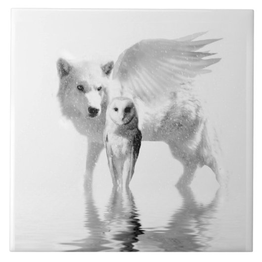 Flügeliger Wolf und Eule Fantasy Art Fliese (Vorderseite)