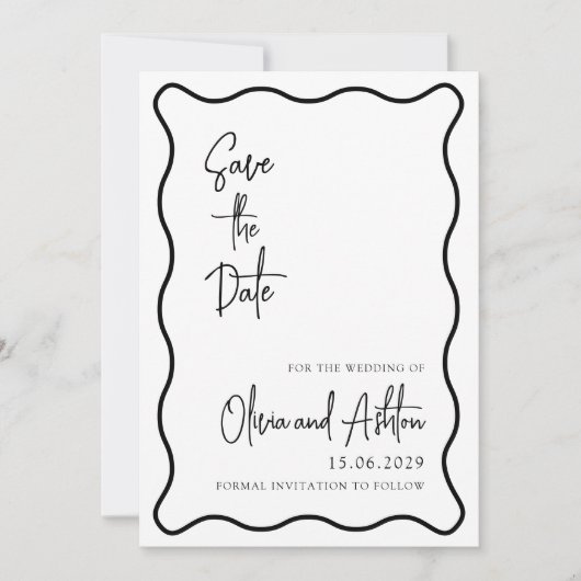 Flügelrahmen, gewellter Rahmen, modern, schwarz un Save The Date (Vorderseite)