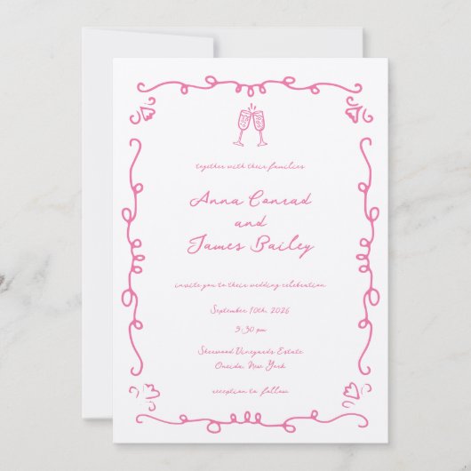 Flügelrosa-Doodle-Rahmen Einladung (Vorderseite)
