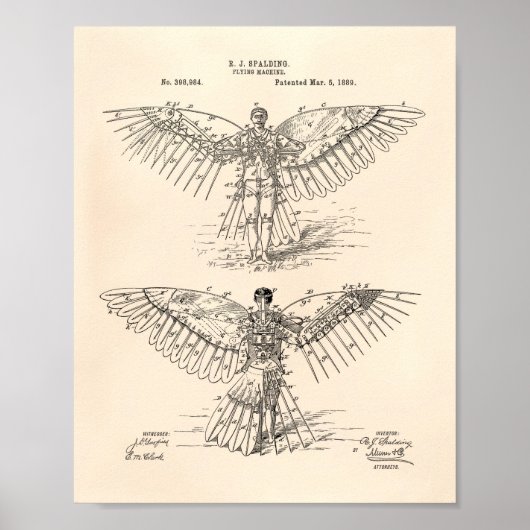 Flugmaschine 1889 Patentkunst - Altes Papier Poster (Vorne)