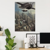 Flugmaschine über ein Dieselpunk ci| AI Art Poster (Heimbüro)