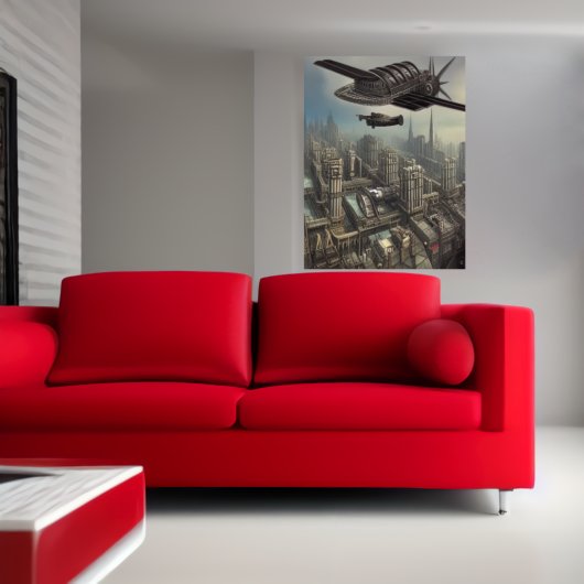 Flugmaschine über ein Dieselpunk ci| AI Art Poster