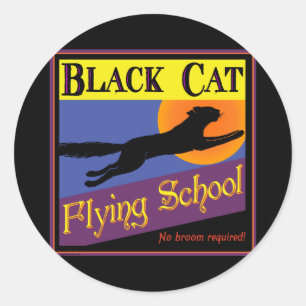 Flugschule Schwarze Katze Vintage-Halloween-Kunst Runder Aufkleber