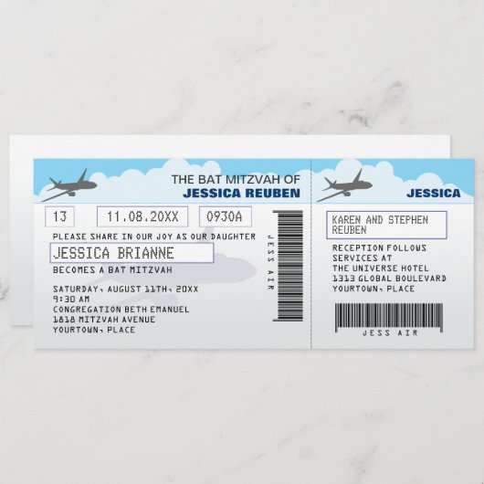 Flugticket Bar Bat Mitzvah Einladung (Vorne/Hinten)