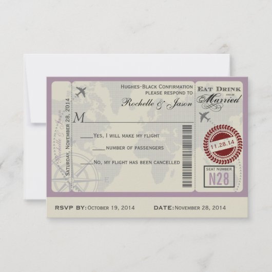 Flugticket Hochzeitsszenario RSVP Karte (Vorderseite)