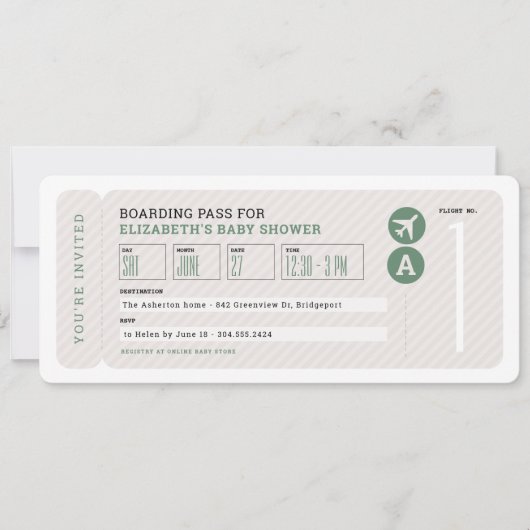 Flugticket Thema neutrale Babydusche Einladung (Vorderseite)