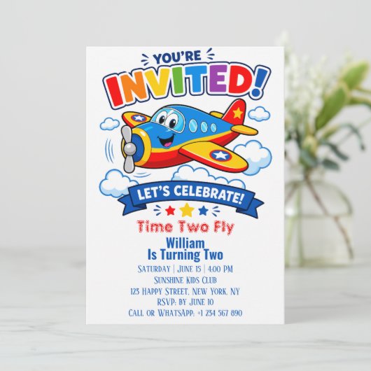 Flugzeug 2. Geburtstag Junge | Flugzeug Party Einladung (Stehend Vorderseite)