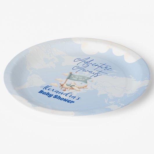 Flugzeug Adventure erwartet Baby Shower Pappteller (Schrägansicht)