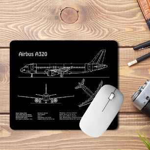 Flugzeug Airbus A320 in Blaupausezeichnung PD Mousepad