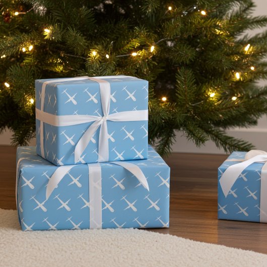 Flugzeug auf blauem, elegantem Muster Pilot Geburt Geschenkpapier