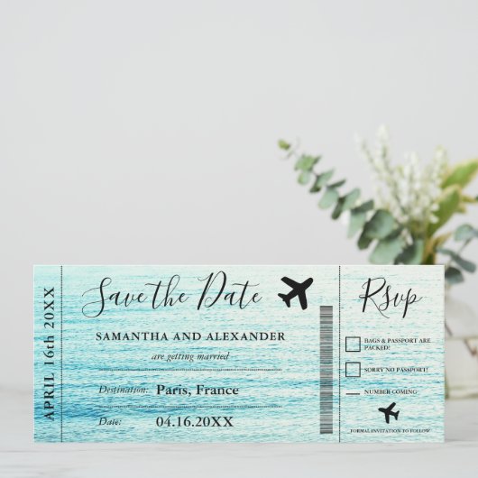 Flugzeug-Boarding-Pass für Save the Date-Skripte Save The Date (Stehend Vorderseite)