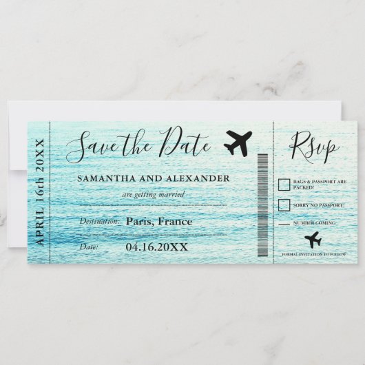 Flugzeug-Boarding-Pass für Save the Date-Skripte Save The Date (Vorderseite)