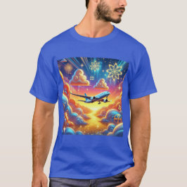 Flugzeug, das durch den farbenfrohen Himmel fliegt T-Shirt