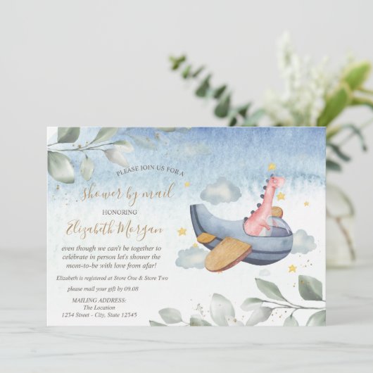 Flugzeug Dino Virtual Baby Dusche per Mail Einladung (Stehend Vorderseite)