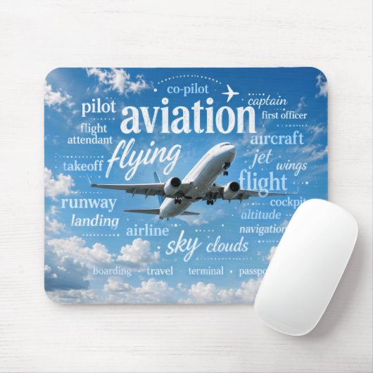 Flugzeug fliegt in einer Wortwolke Mousepad (Mit Mouse)