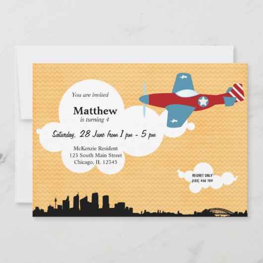Flugzeug Geburtstag (Orange) Einladung (Vorderseite)