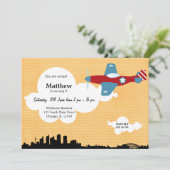 Flugzeug Geburtstag (Orange) Einladung (Stehend Vorderseite)