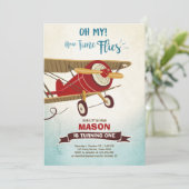 Flugzeug-Geburtstags-Einladungs-Zeit fliegt Einladung (Stehend Vorderseite)