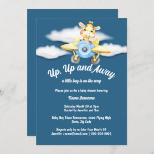 Flugzeug-Giraffe Baby Dusche Blue Pilot Flugzeug Einladung
