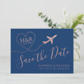 Flugzeug Herz Rose Gold und Navy Blue Destination Save The Date (Stehend Vorderseite)
