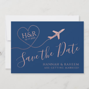 Flugzeug Herz Rose Gold und Navy Blue Destination Save The Date