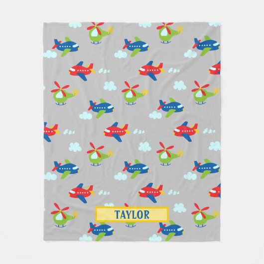 Flugzeug, Hubschrauber & Clouds Cartoon Lt Grau, N Fleecedecke (Vorderseite)
