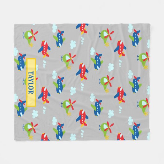 Flugzeug, Hubschrauber & Clouds Cartoon Lt Grau, N Fleecedecke (Vorderseite (Horizontal))