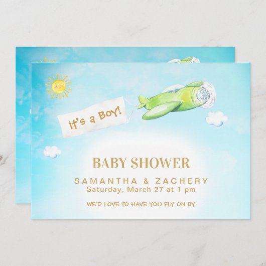 *~* Flugzeug in Cloudy Sky Boy Babydusche Einladun Einladung (Vorne/Hinten)