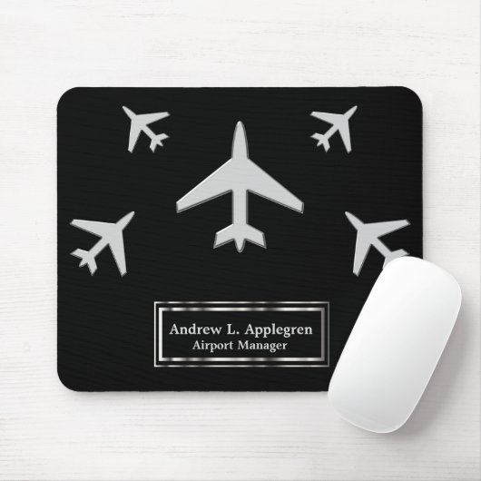 Flugzeug in einem Imitat Silber auf Schwarz Mousepad (Mit Mouse)