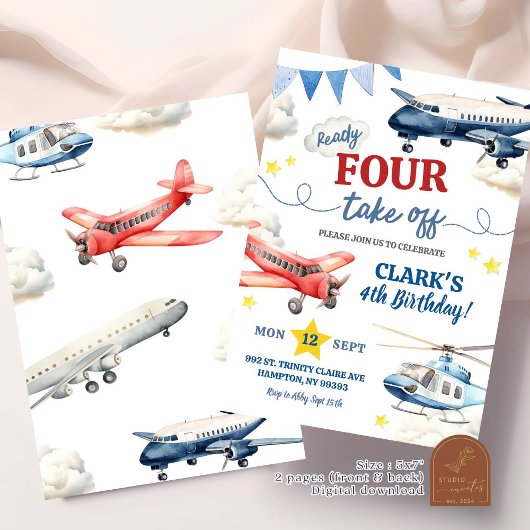 Flugzeug Junge 4. Geburtstag Einladung
