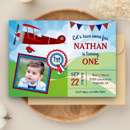 Flugzeug Kinder Foto 1. Geburtstag Party Einladung
